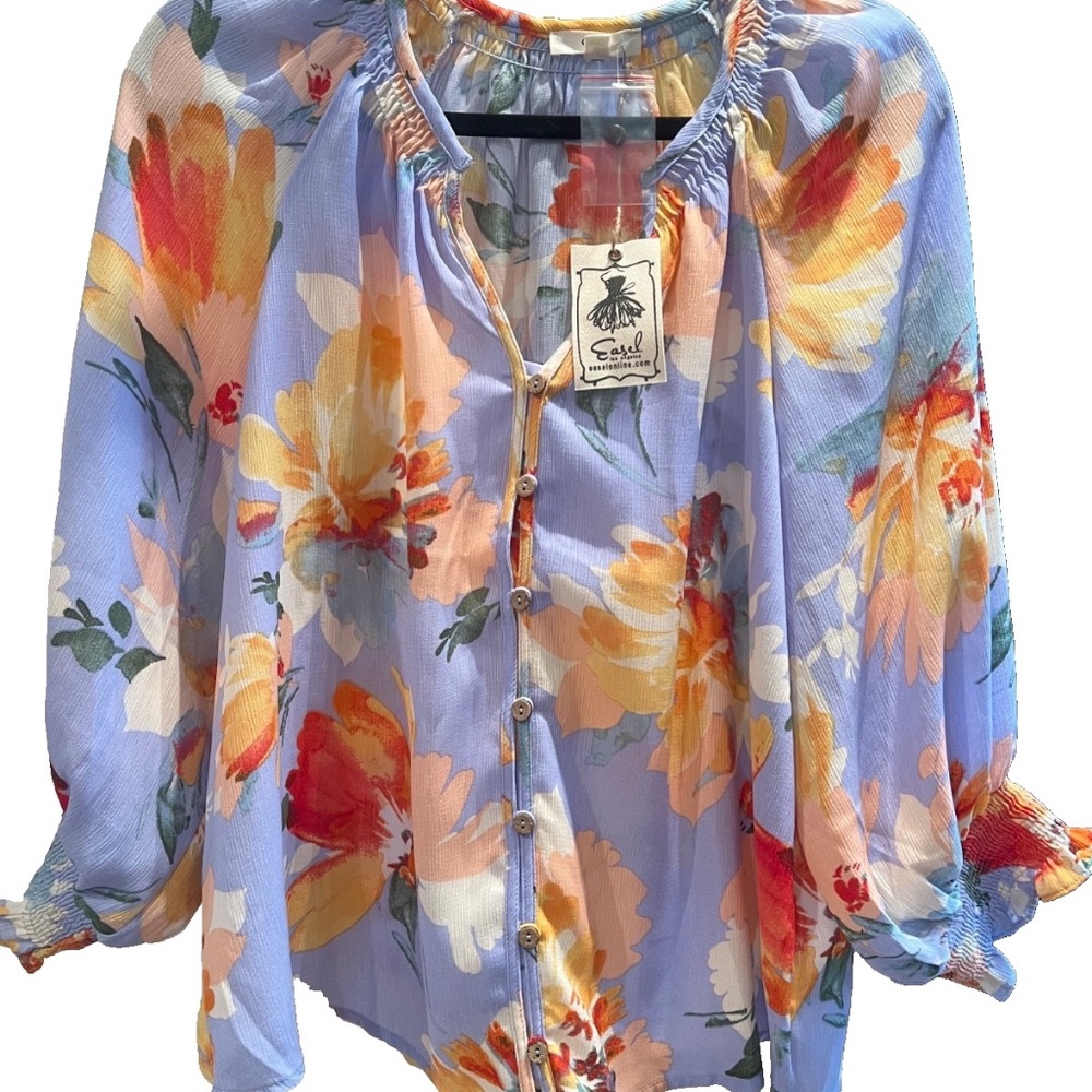 easel Floral Button-Front Blouse in Lavender, Yellow, Orange